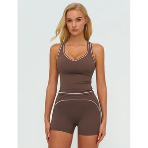 Two Piece Workout Set Women Racerback Tank <b>Top</b> High Waist Shorts Gym Yoga Outfit Contrast Binding Breathable Spandex Polyester - Product Image 2
