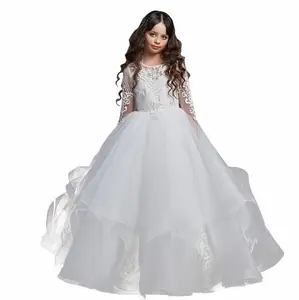 Robe blanche pour filles, à fleurs bouffantes, tenue de princesse, de spectacle, manches longues, pour mariage, petite fille