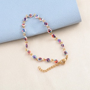 Gold Plated Tarnish Stainless Steel Enamel <b>Bead</b> Bracelet Adjustable <b>Anklet</b> Cable Link Chain Jewelry Gifts for Women Girls - Product Image 1