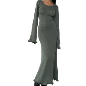 Vestido Maxi de Punto Personalizado de Alta Calidad con Diseños Nuevos, Cuello Redondo de Color Sólido, Detalles con Volantes, Espalda Descubierta para Mujer - Product Image 4