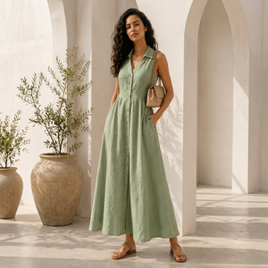 Vestido Midi de Lino y Algodón al por Mayor OEM, Elegante Vestido Camisero sin Mangas con Cuello Mandarín y Botones Delanteros, Transpirable, Moderno para Fiestas - Product Image 1