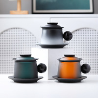 Ensemble de tasses à thé en céramique avec infuseur, poignée boule et soucoupe, tasse mate noire dégradée avec couvercle pour le bureau et la maison