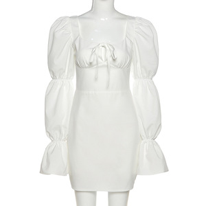 Abito moda donna manica lunga bianco abito Casual quotidiano con <span class=keywords><strong>maniche</strong></span> svasate arricciate Sexy scollate senza schienale - Product Image 6