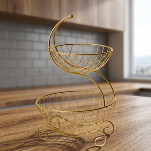 Panier de rangement moderne à double niveau en métal, design fil doré, sur pied, pour salon - Product Image 2