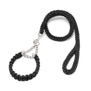 XL Black Handmade Braided Dog Rope Leash Durable Nylon Collars with Lights for Dogs and Cats for Walking