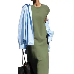 Vestido longo feminino com fenda de algodão, moda de atacado para mulheres na Europa e nos Estados Unidos, primavera de 2024