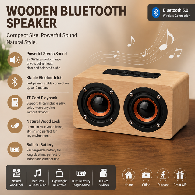 MDF Wooden Speaker 3W Stereo Audio Wireless Music Box TF Card Player AUX Input Custom Logo Business Promotional Gift