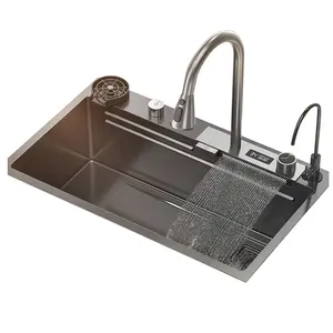 factory custom luxury smart digital display led kitchen sink waterfall stepped nano kitchen sink with pull-out faucet