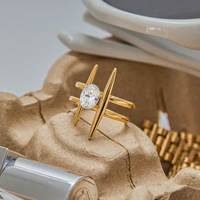Bague ouverte géométrique double couche en acier inoxydable plaqué or 18 carats avec grand zircon, lignes modernes, bijoux pour femme