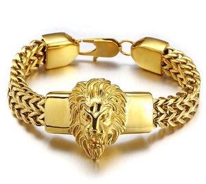 2022 The Hottest Double Chain Lion Head 18k Gold Stainless Steel Heavy Chunky Franco Chain Cuban Link Bracelet