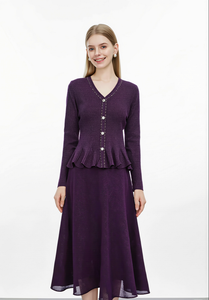 Elegante <span class=keywords><strong>Cardigan</strong></span> <span class=keywords><strong>Viola</strong></span> in Maglia con Peplum, Maglione a Costine con Scollo a V e Bordo a Contrasto, Bottoni in Perla, Top Chic da Donna - Product Image 5