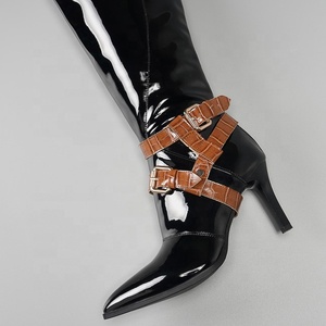 Marble Pattern Buckle Strap Big Size 43 Thin Heel Mirror Women Knee High <b>Boots</b> Back Zip Pointed Toe Dating Long for Lady - Product Image 6