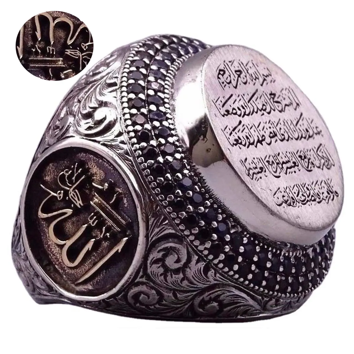 사우디 아라비아 아랍어 글꼴 골동품 빈티지 인장 블랙 청키 이슬람 반지 실버 진짜 925 디자인 남성용