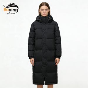 Veste d'hiver Boying pour <span class=keywords><strong>femme</strong></span>, <span class=keywords><strong>longue</strong></span>, au-dessus du genou, épaisse, ample, en nylon, écologique, coupe-vent, avec capuche amovible, style couple - Product Image 1