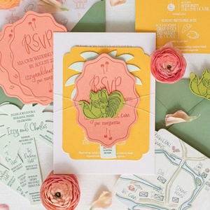 Suite d'invitations de mariage en papier de coton texturé rose, jaune et vert, motif tropical, avec carte découpée en forme de feuille de palmier et RSVP, impression personnalisée - Product Image 1