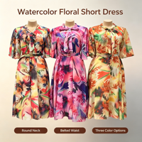 Robe MIDI pour femme en mousseline de soie, coupe trapèze, à manches courtes, col imprimé élégant avec nœud, à lacets, tendance estivale, vente en gros