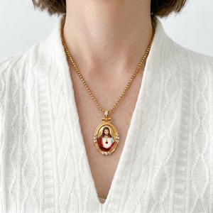 Colgante Ovalado Sagrado del Sagrado Corazón de <span class=keywords><strong>Jesús</strong></span>, Católico Tradicional, Hecho a Mano con Esmalte, Directo de Fábrica - Product Image 4
