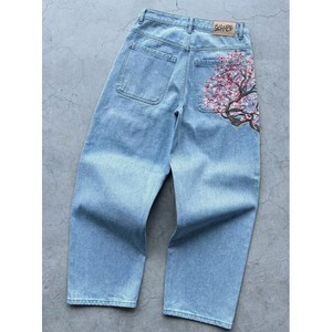 Jeans unisexe coupe droite brodés de fleurs de prunier style rétro Europe USA, tendance streetwear, décontracté, en denim, pantalon de mode - Product Image 3