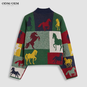 Suéter Jacquard Personalizado para Mujer, Diseño de Bloques de Color con Patrón de Caballo, Suéter Holgado de Punto - Product Image 6