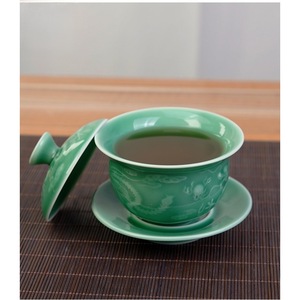 Service à thé Gaiwan en porcelaine Celadon Dragon et Phénix, avec couvercle, pour thé Kung Fu - Product Image 2