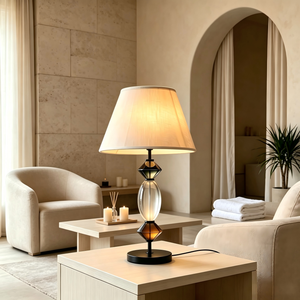 Lámpara de mesa moderna de cristal con pantalla de tela color blanco roto, estilo Empire, E27/E26, luz LED cálida para decoración de dormitorio, decoración del hogar, decoración de hotel - Product Image 4