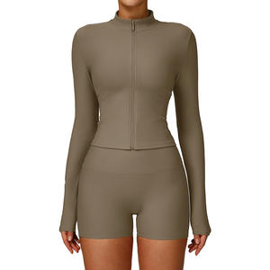 Veste de yoga côtelée à col montant Disko Sport pour femme, manches longues, coupe ajustée, couleur unie, haut de fitness d'extérieur EWT3093 - Product Image 4