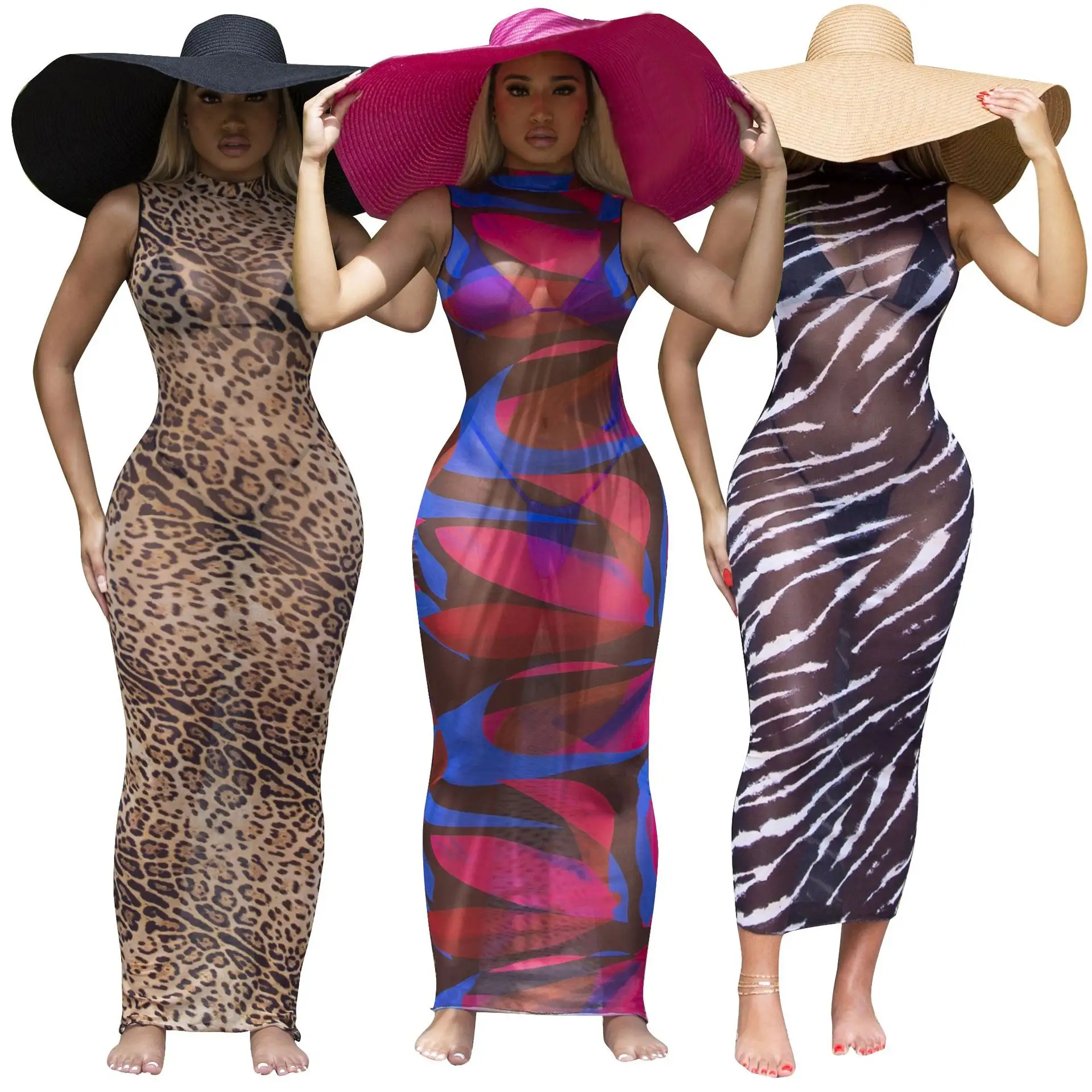 2023 Best Design Women Beach Cover Up Sexy Leopard Print Mesh Dress Summer See Through Bodycon Sleeveless Maxi Dress