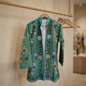 Veste tissée réversible en cuir et coton teint, style tribal Suzani, pour femme, motif Woodland Olive, sans col, manches longues, style bohème, printemps - Product Image 3