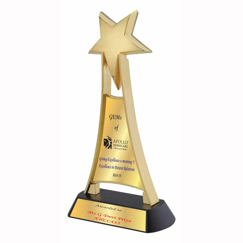 Noble Gold Metal Star Logotipo personalizado a medida Regalo de negocios Craft Trophy Awards Impresión offset Método de 2 colores Base metálica negra