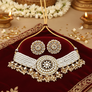 Parure Collier Ras-de-cou et Boucles d'Oreilles Plaqué Or, Perles Blanches, Zircon, Kundan, Style Ethnique, pour Mariage, Fiançailles, Fête, Anniversaire, Haute Qualité - Product Image 3