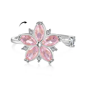 Dylam Design exclusif Anneaux d'anxiété en argent sterling 925 plaqué or 18 carats avec zirconium Sakura 5A rotatif pour femmes