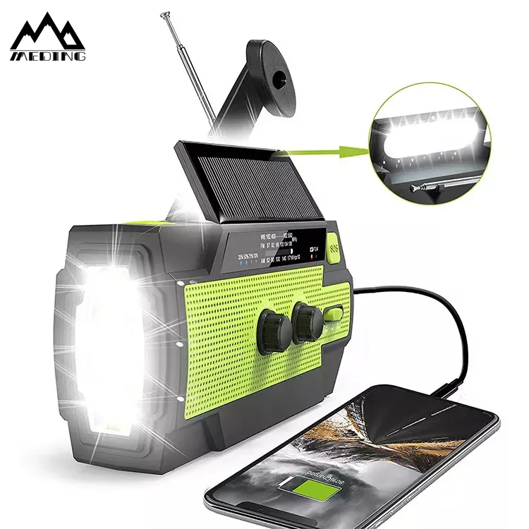 MEDING 3 in 1 cheap Solar hand powered generator crank solar dynamo torch radio usb phone charger