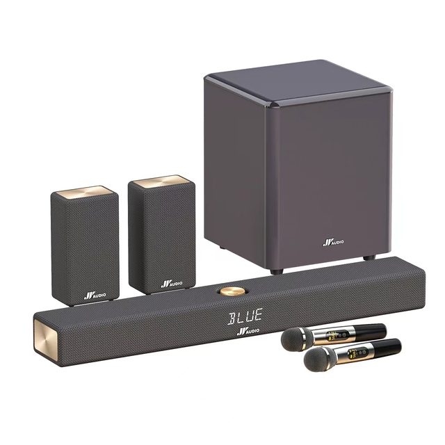 5.1CH Home Theater Sound Bar with Surround Speakers, Wooden Wireless Subwoofer Support Optic, Coaxial, ARC, AUX, USB, Karaoke