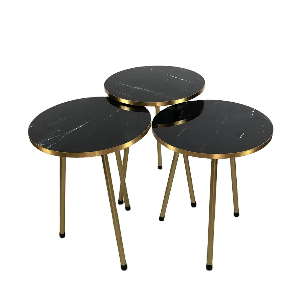 Set of 3 Round Nesting Tables Tea Stacking Sofa Side Marble   Gold Living Room Black