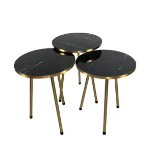 Lot de 3 Tables Gigognes Rondes Empilables Thé Canapé d'Appoint Marbre & Or Salon Noir