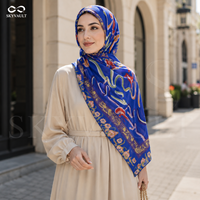 Hijab Modal Warna Biru Royal dengan Motif Bunga Abstrak Berwarna-warni untuk Wanita Muslim, Cocok untuk Sehari-hari, Liburan, dan Semua Musim