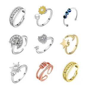 Changda Women 925 Sterling <strong>Silver</strong> Unique Clover Rotating Adjustable Anti Anxiety Fidget <strong>Spinner</strong> Spinning <strong>Spinner</strong> <strong>Ring</strong> - Product Image 1