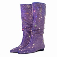 Femmes hiver Slouch genou bottes hautes plein strass embelli bout pointu plat talon bas fête scène tailles étendues