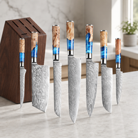 Ensemble de couteaux de cuisine vintage Damas 7 pièces avec manche en bois de résine bleue, revêtement antiadhésif, couteau de chef, Santoku, couteau à pain, couteau à éplucher, couteau utilitaire
