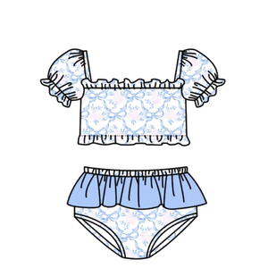 S0757 Maillot de bain personnalisé pour petite fille active, imprimé fleurs roses et nœuds bleus, vente en gros, ensemble 2 pièces à manches courtes - Product Image 1