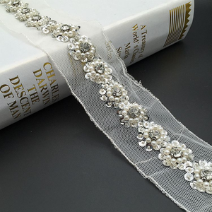 Handmade Wide Border Sequin <strong>Beaded</strong> Organza Lace <strong>Trim</strong> for Ladies Clothes - Product Image 2