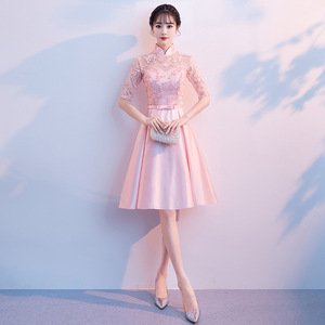 Pink Chinese Style Evening Dress Women Short Formal Banquet Dress With Zipper Polyester Fiber - Product Image 3
