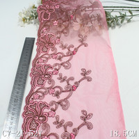 Dentelle brodée de 19 cm avec fil doré et fleurs roses pailletées, tissu en maille nude pour hijab musulman, foulard et robe