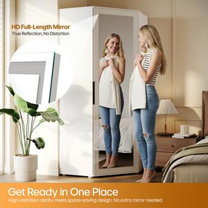 Armoire moderne blanche SENYU avec porte miroir à charnières, meuble de chambre autoportant, style minimaliste, poignée en métal - Product Image 4