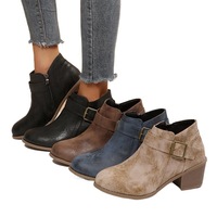 Bottines à fermeture éclair latérale pour femmes Marron Noir Kaki avec boucle et talon carré Bottines courtes Stock usine OEM Prêt à expédier