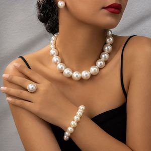 4-Piece Bridal Pearl Jewelry Set Faux Pearl Necklace Bracelet Earrings Ring <b>Suite</b> Elegant Mother of the Bride Gift Nickel Free - Product Image 2