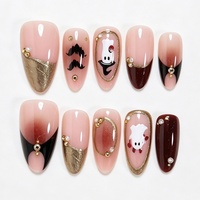 Lot de 30 faux ongles 3D courts en amande à presser, motif perle fantôme, pointes françaises plaquées or, art des ongles artisanal pour Halloween