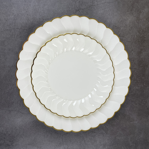 ชุดจานลายลูกไม้แบบใช้แล้วทิ้งสำหรับงานแต่งงานขนาด7.5นิ้ว10.25นิ้วสีเบจทรงกลมพร้อมที่ชาร์จพลาสติกขอบทอง - Product Image 4