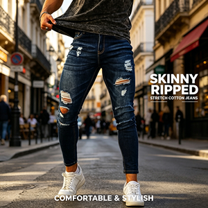 Jeans ajustados rasgados para hombre, pantalones de mezclilla azules, estilo rockero, streetwear, elásticos, casuales, urbanos - Product Image 1