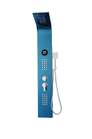 Panneau de douche LANO en acier inoxydable brossé bleu avec double poignée, haut-parleur Bluetooth intégré et jets de massage pluie